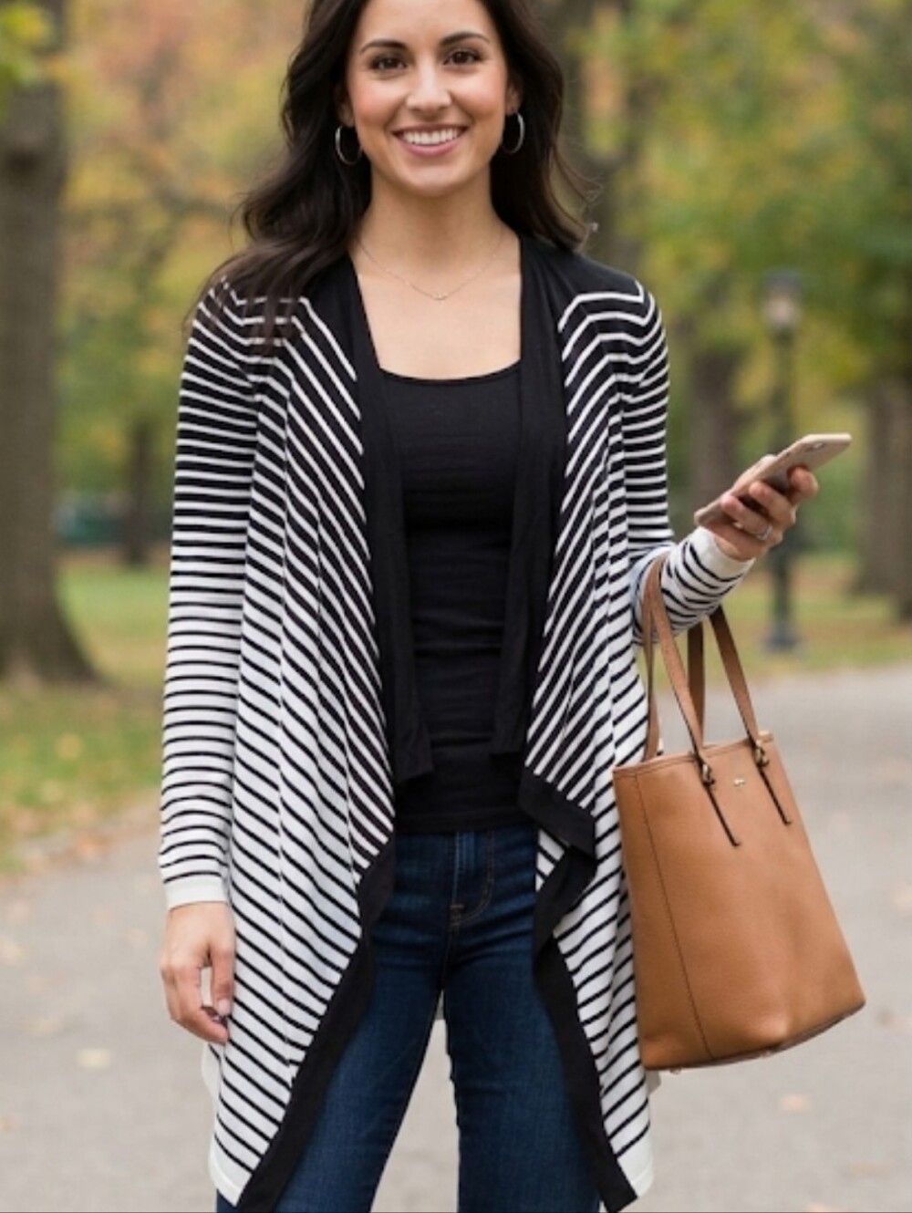 Michael Michael Kors Black & White Striped Open-Front Women's Cardigan Sweater